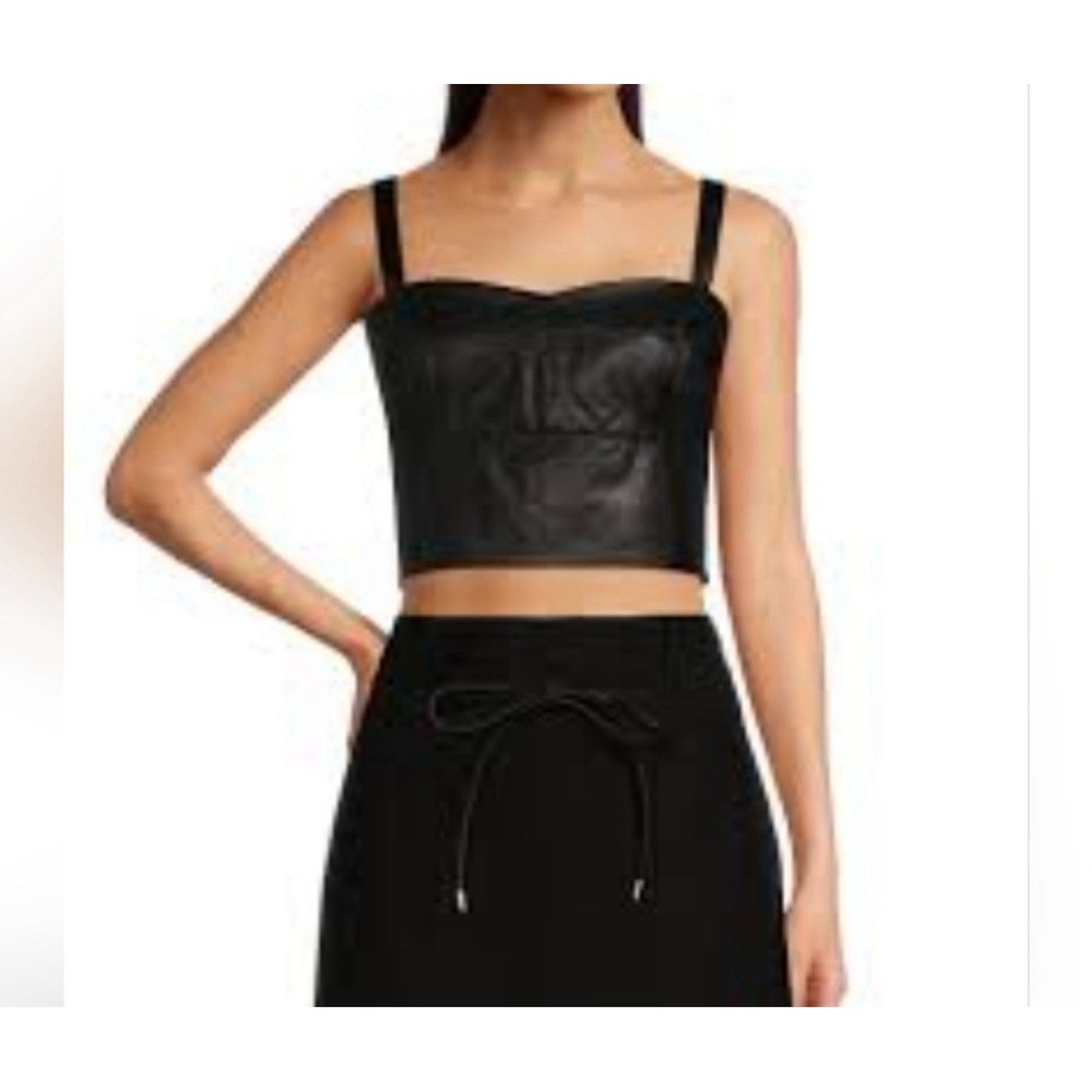 New Le' AL.X Leather Crop Top Sweetheart Neck Tank Strap Black Bustier L $229